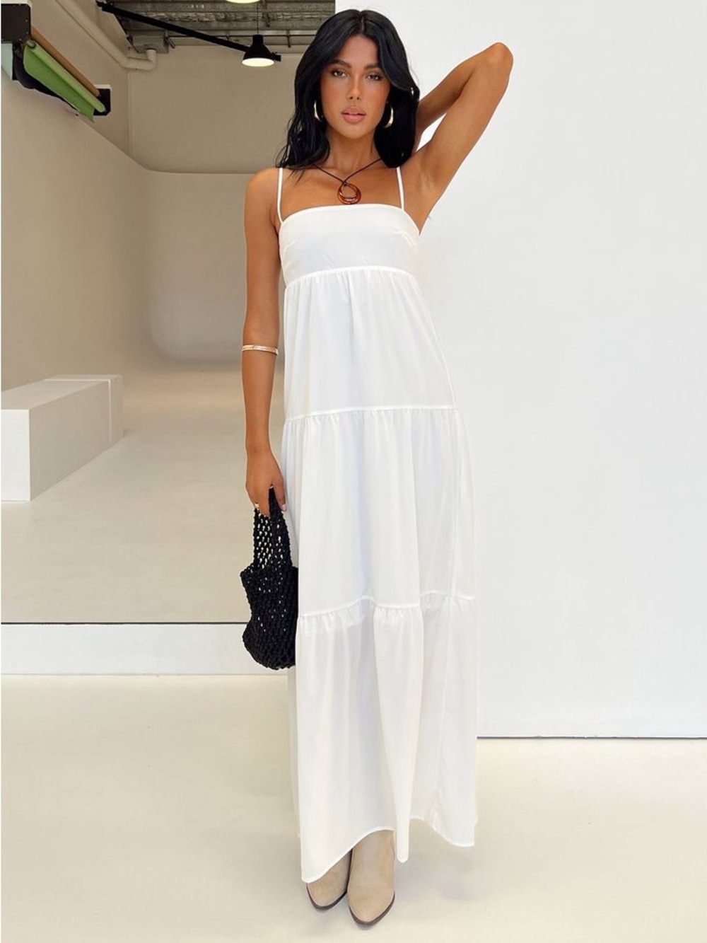 Princess Polly White Spaghetti-Strap Tiered Maxi Dress